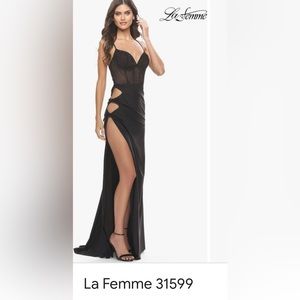 La femme formal gown- embellished corset, open leg, black